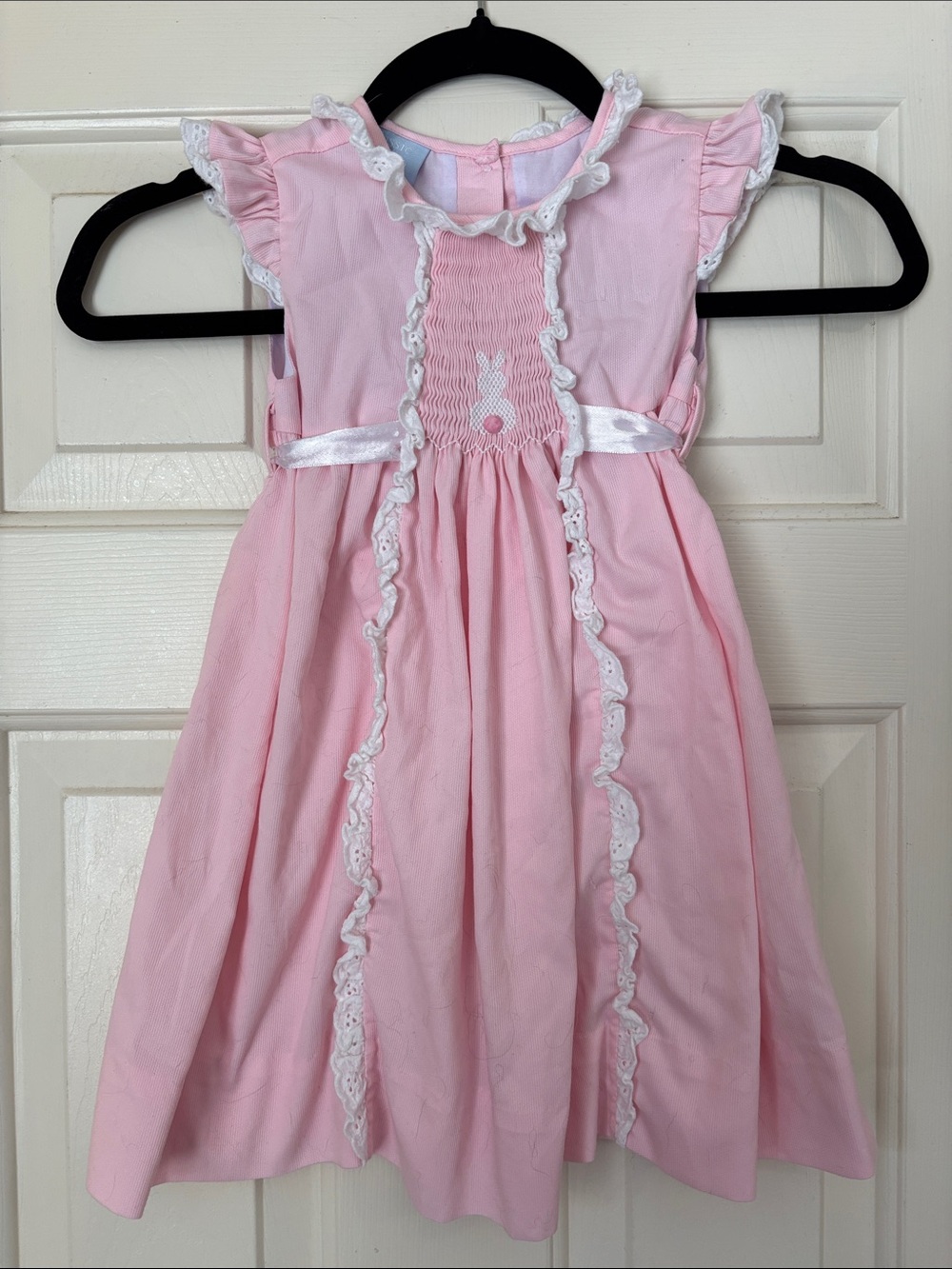 Pink Ruffled Smocked Girls' Dress with Bunny Detail